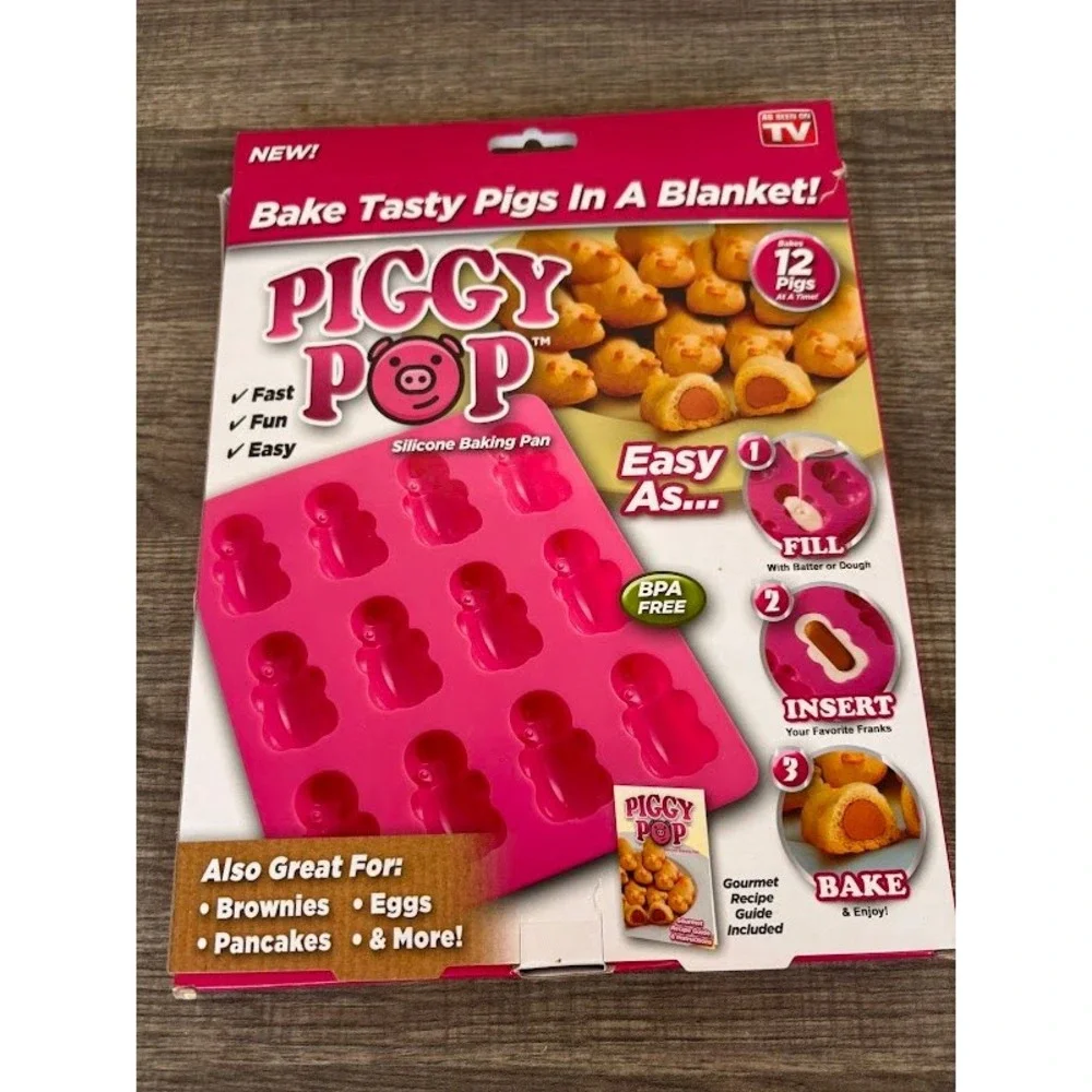 Ontel Piggy Pop Silicone Baking Pan Pink 12 Cavity Pigs In A Blanket Mold NEW